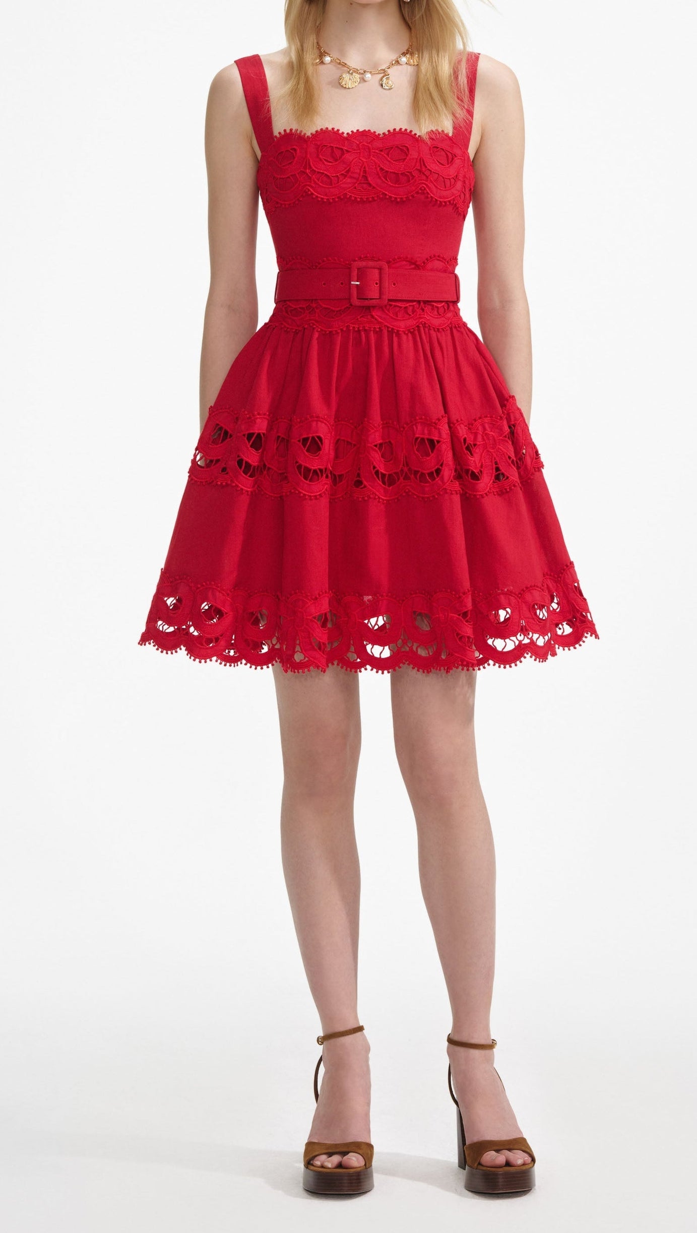 LINEN LACE INSERT MINI DRESS IN RED