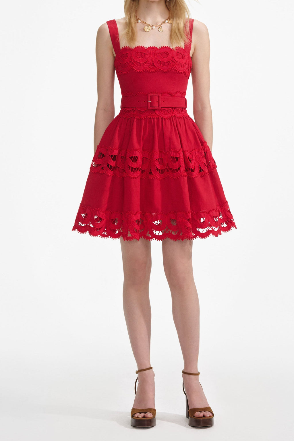 LINEN LACE INSERT MINI DRESS IN RED