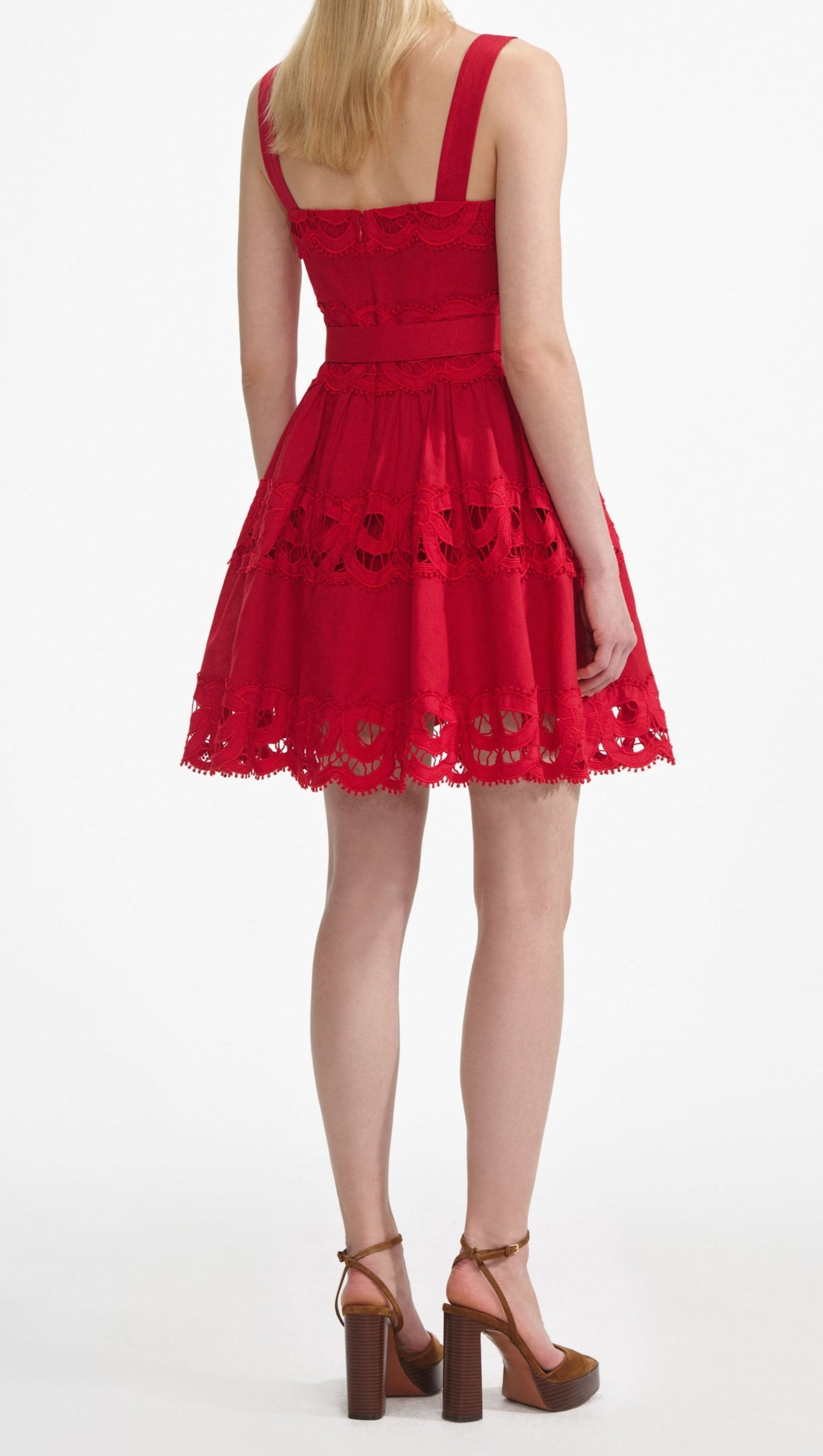 LINEN LACE INSERT MINI DRESS IN RED