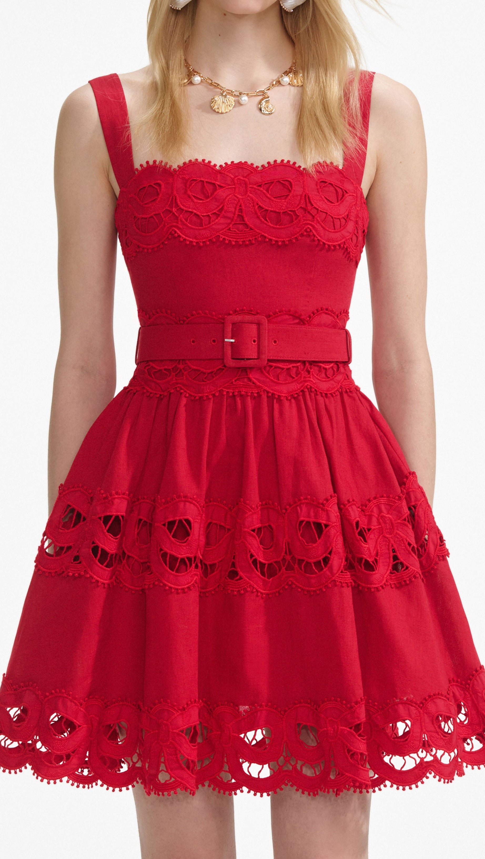 LINEN LACE INSERT MINI DRESS IN RED