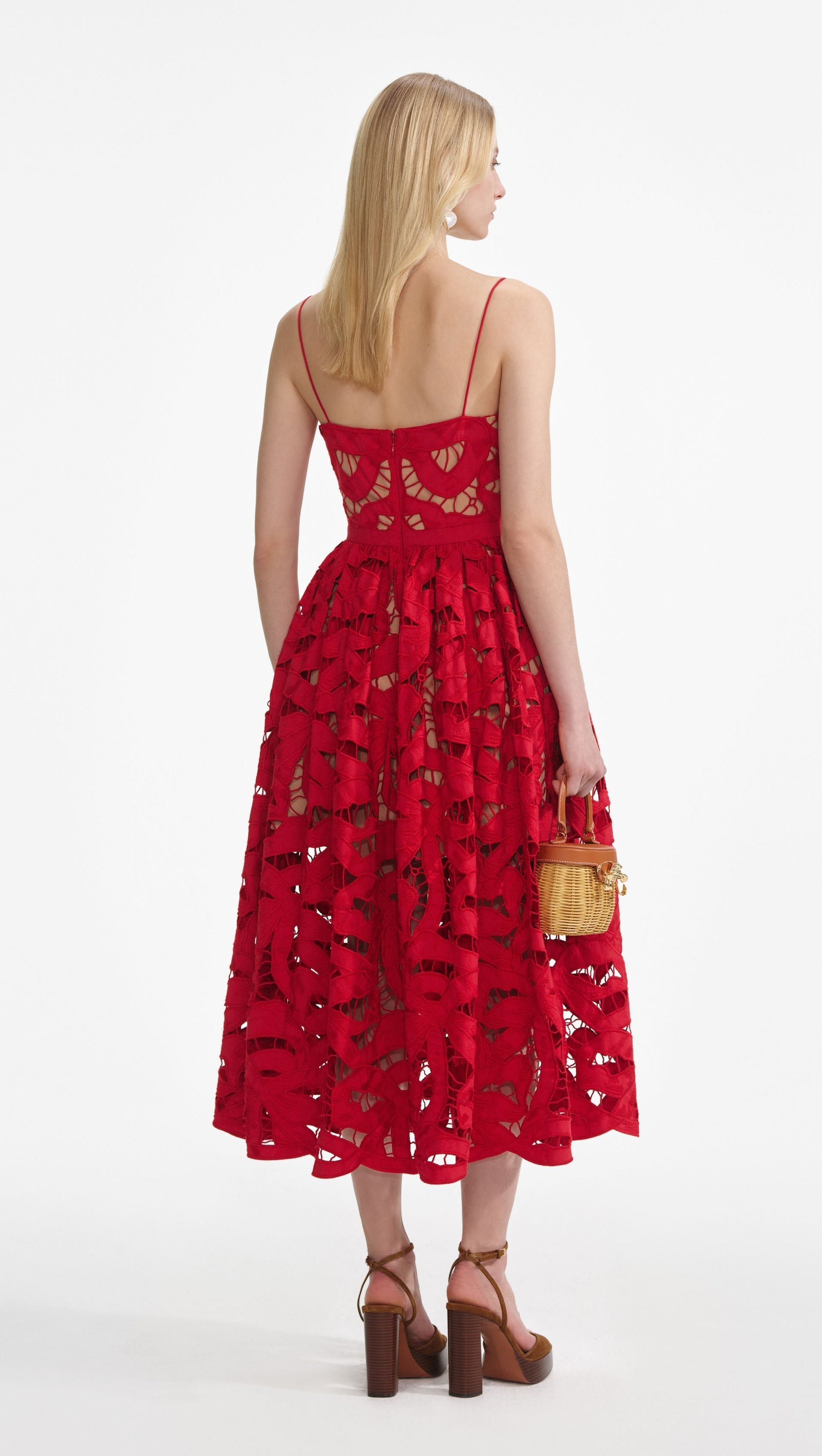 WENDY RED BOW EMBROIDERED MIDI DRESS