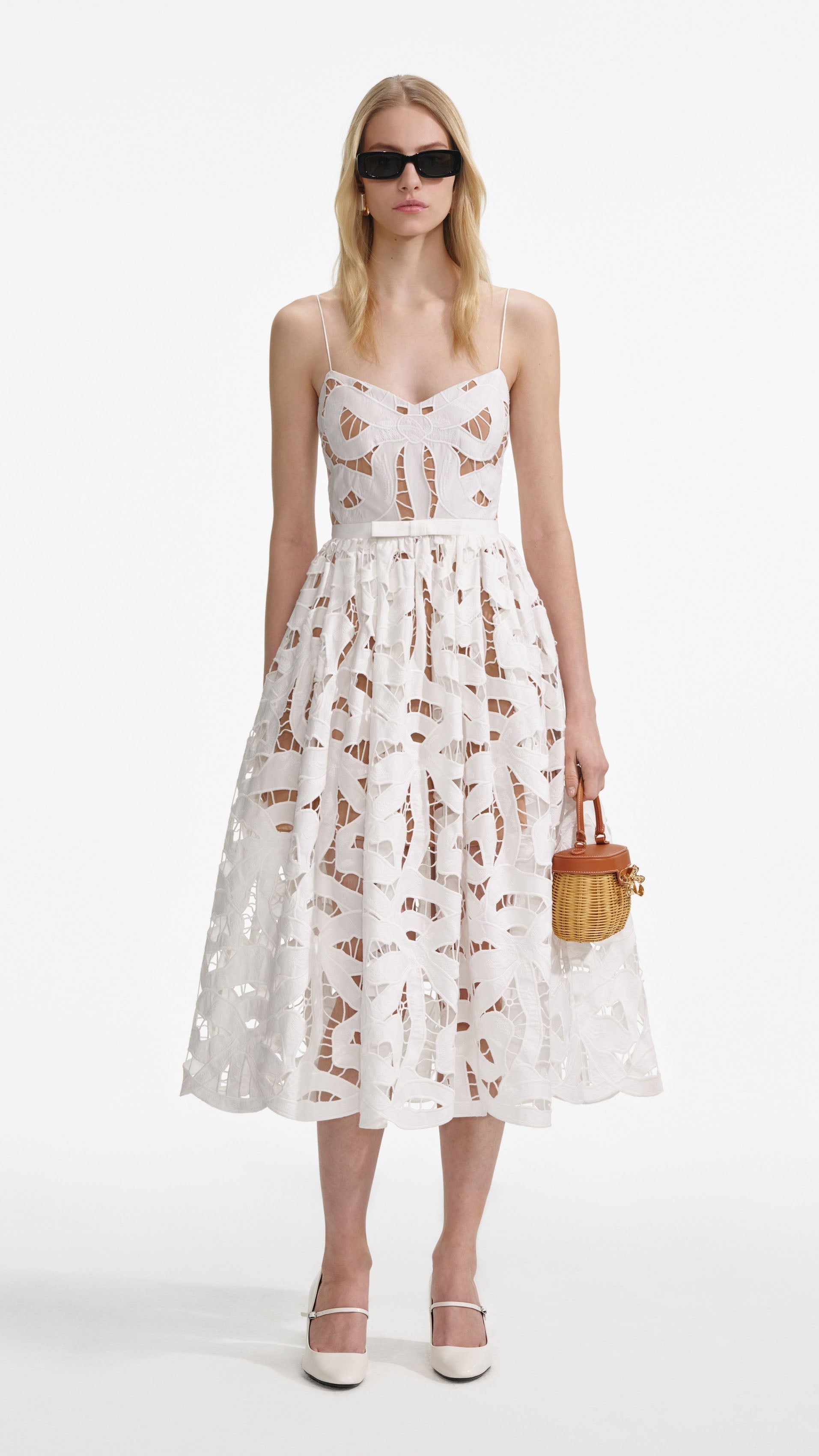 XANTHE WHITE BOW EMBROIDERED MIDI DRESS