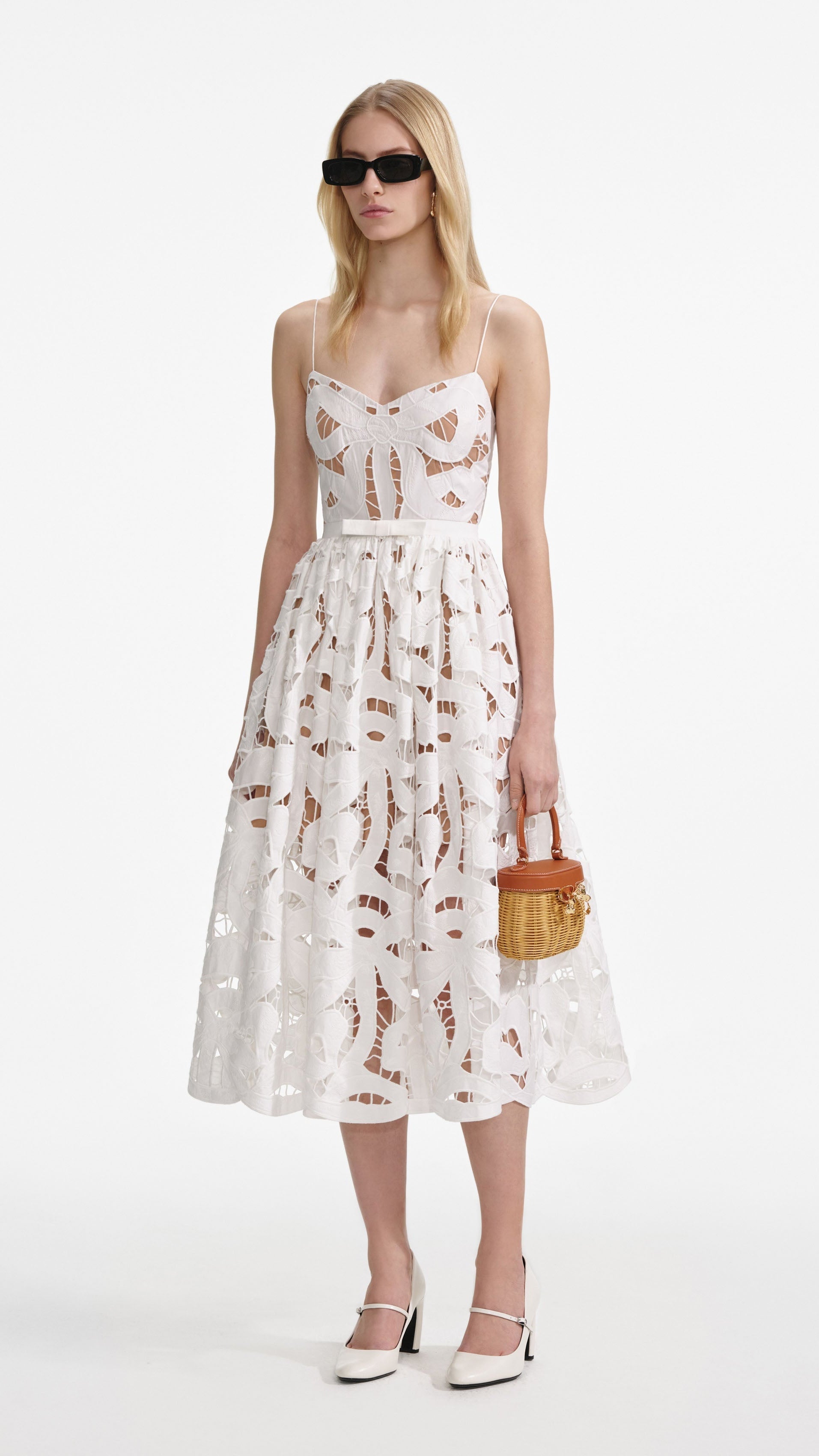 XANTHE WHITE BOW EMBROIDERED MIDI DRESS