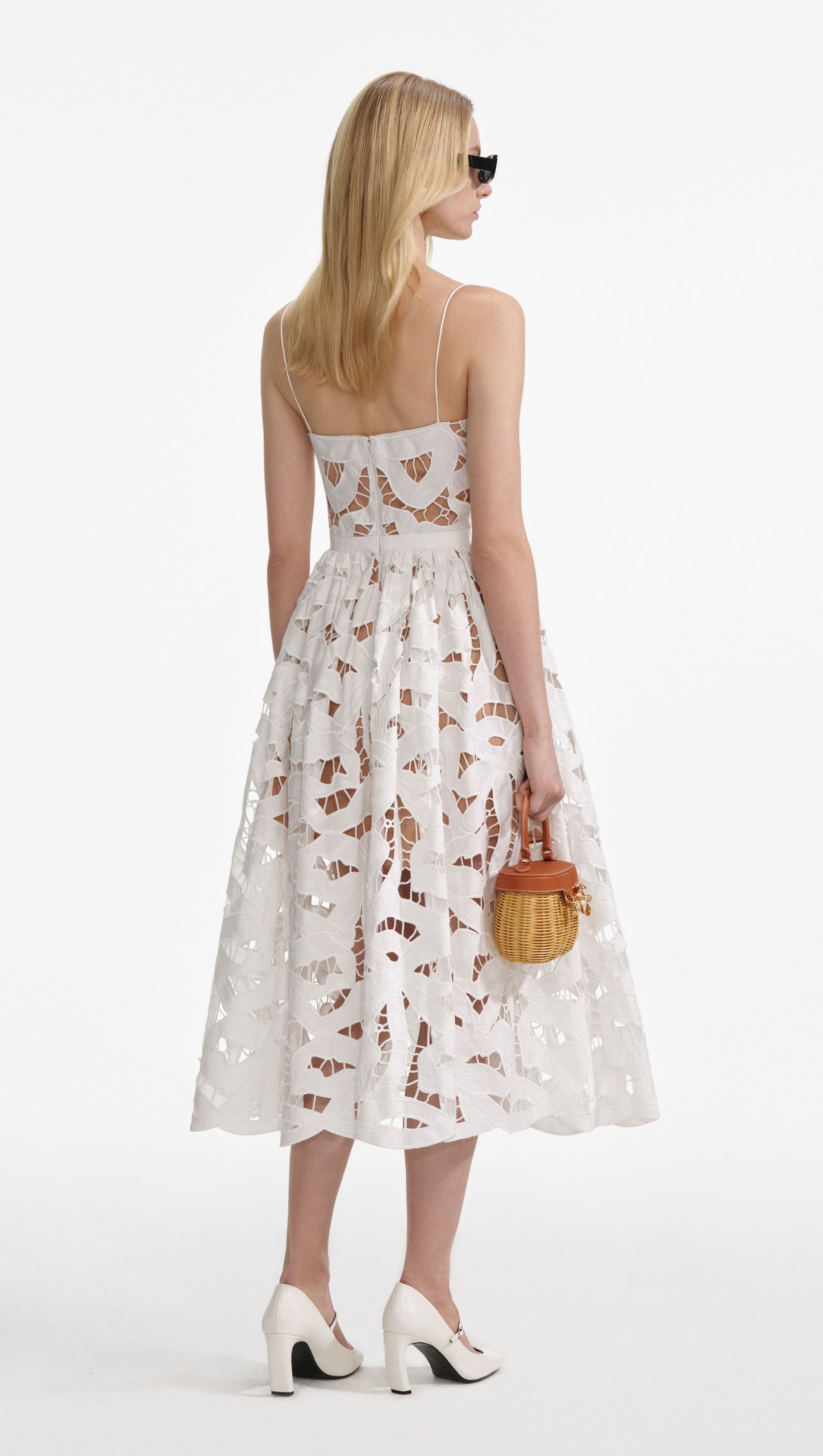 XANTHE WHITE BOW EMBROIDERED MIDI DRESS