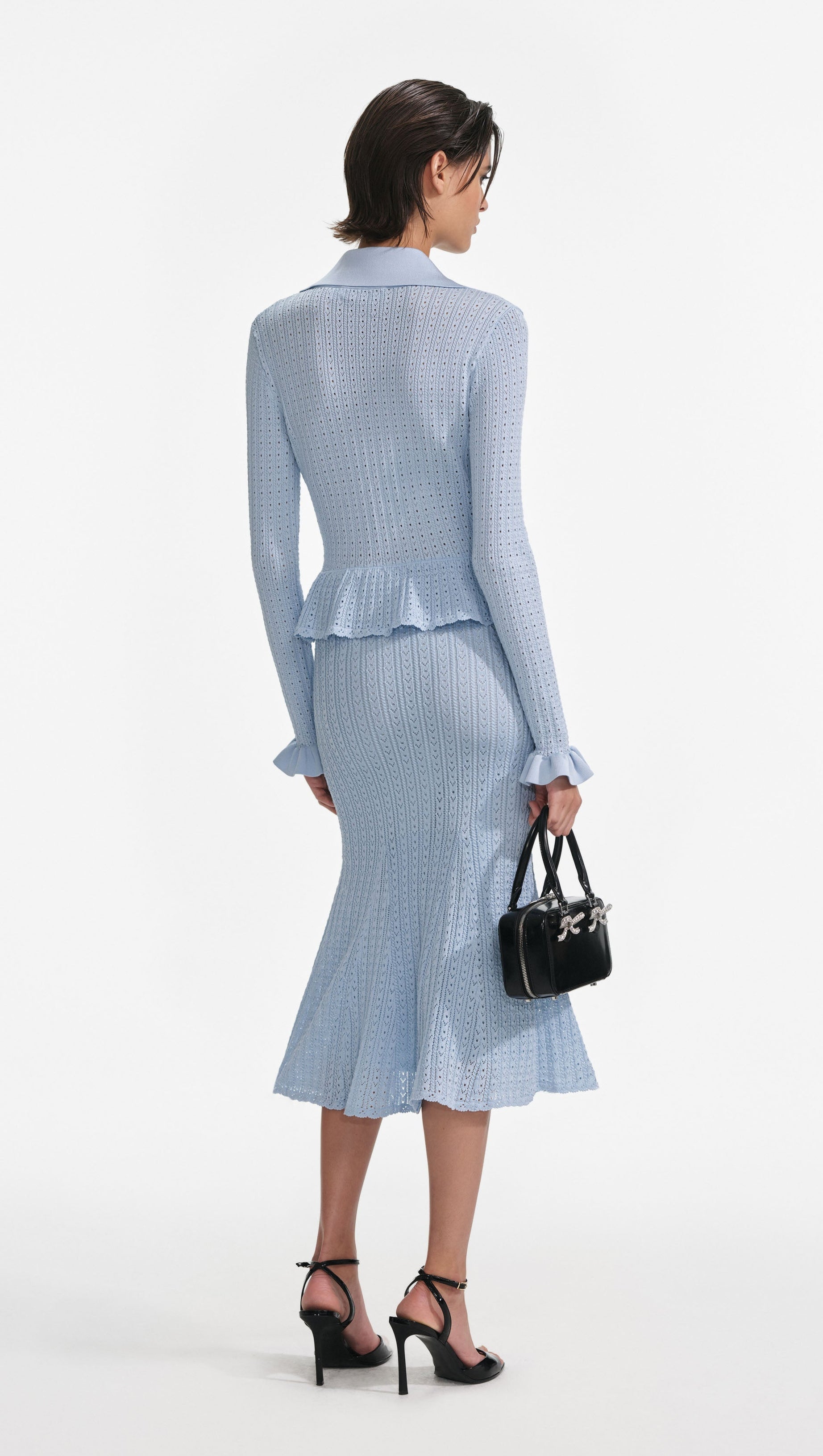 LILLIAN BLUE POINTELLE PEPLUM KNIT MIDI DRESS