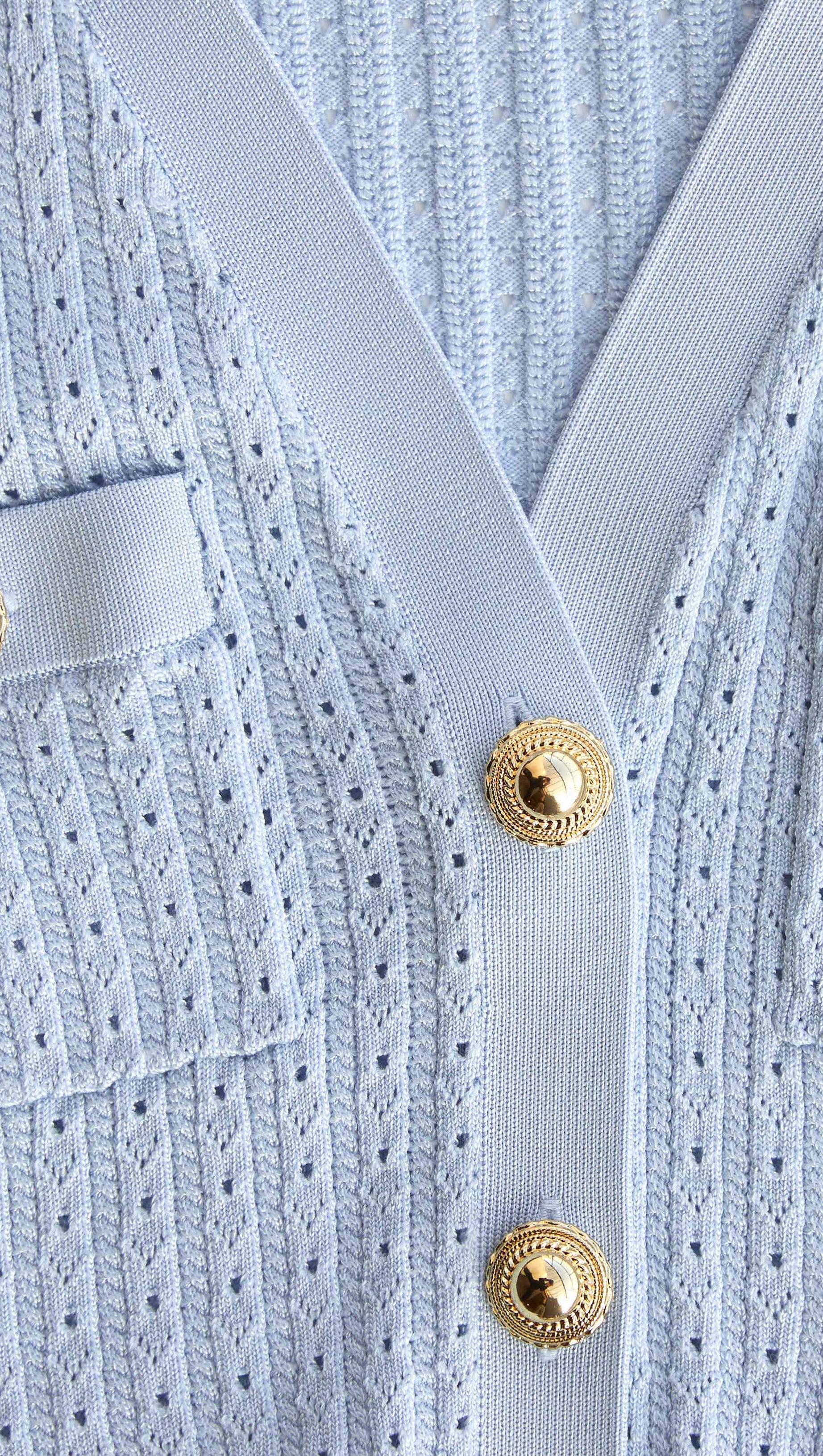 LILLIAN BLUE POINTELLE PEPLUM KNIT MIDI DRESS