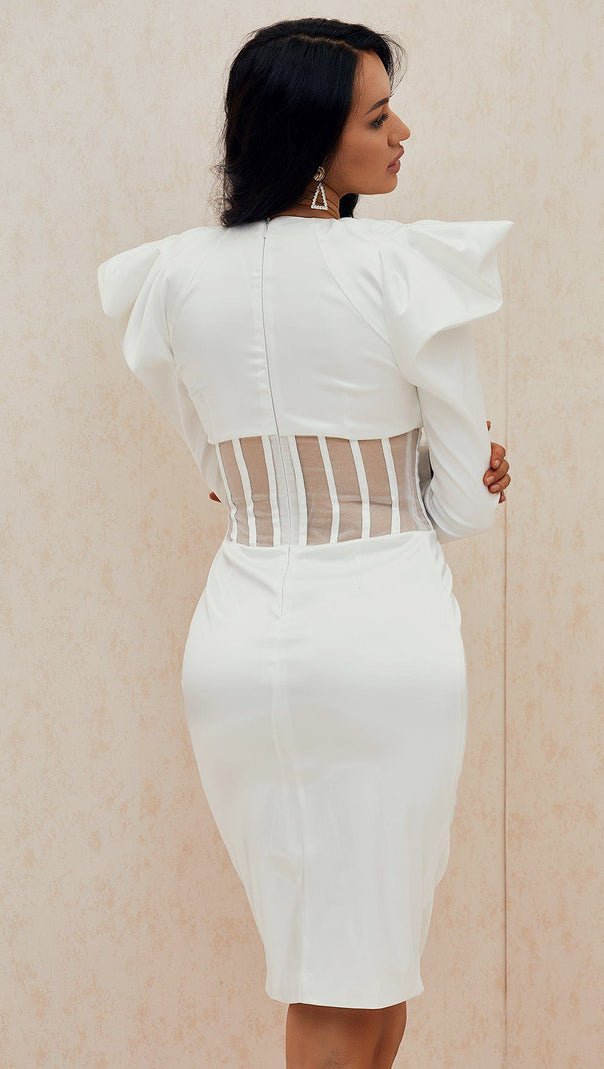 AIIZIE PUFF SLEEVE MESH MIDI DRESS IN WHITE - product image