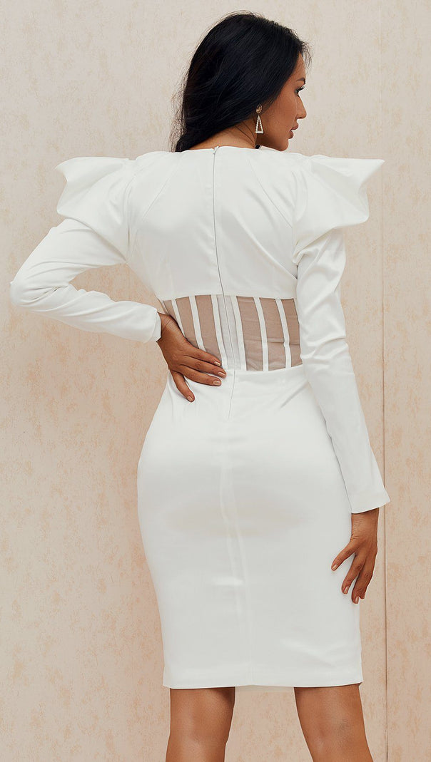 AIIZIE PUFF SLEEVE MESH MIDI DRESS IN WHITE - product image