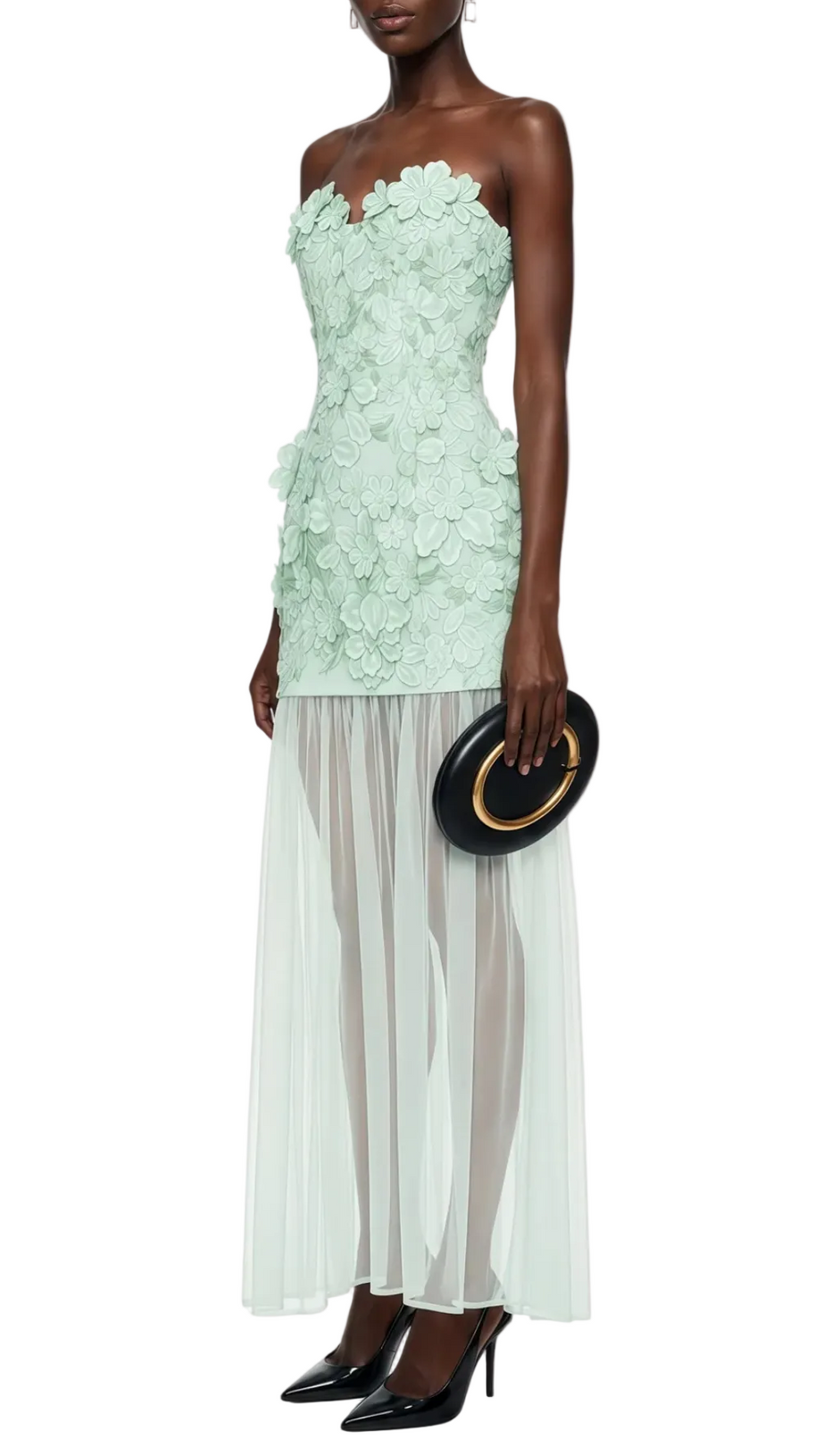 Pansya Floral Embroidery Strapless Maxi Dress - Mint