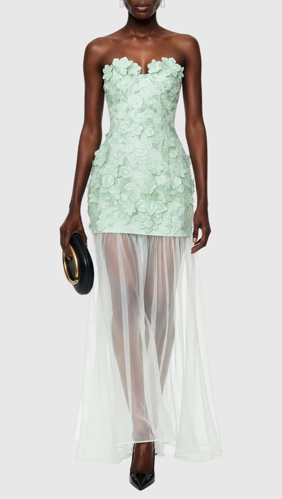 Pansya Floral Embroidery Strapless Maxi Dress - Mint