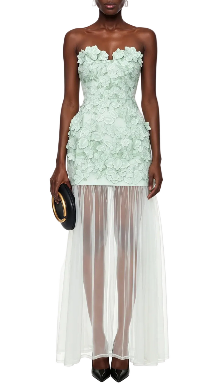 Pansya Floral Embroidery Strapless Maxi Dress - Mint