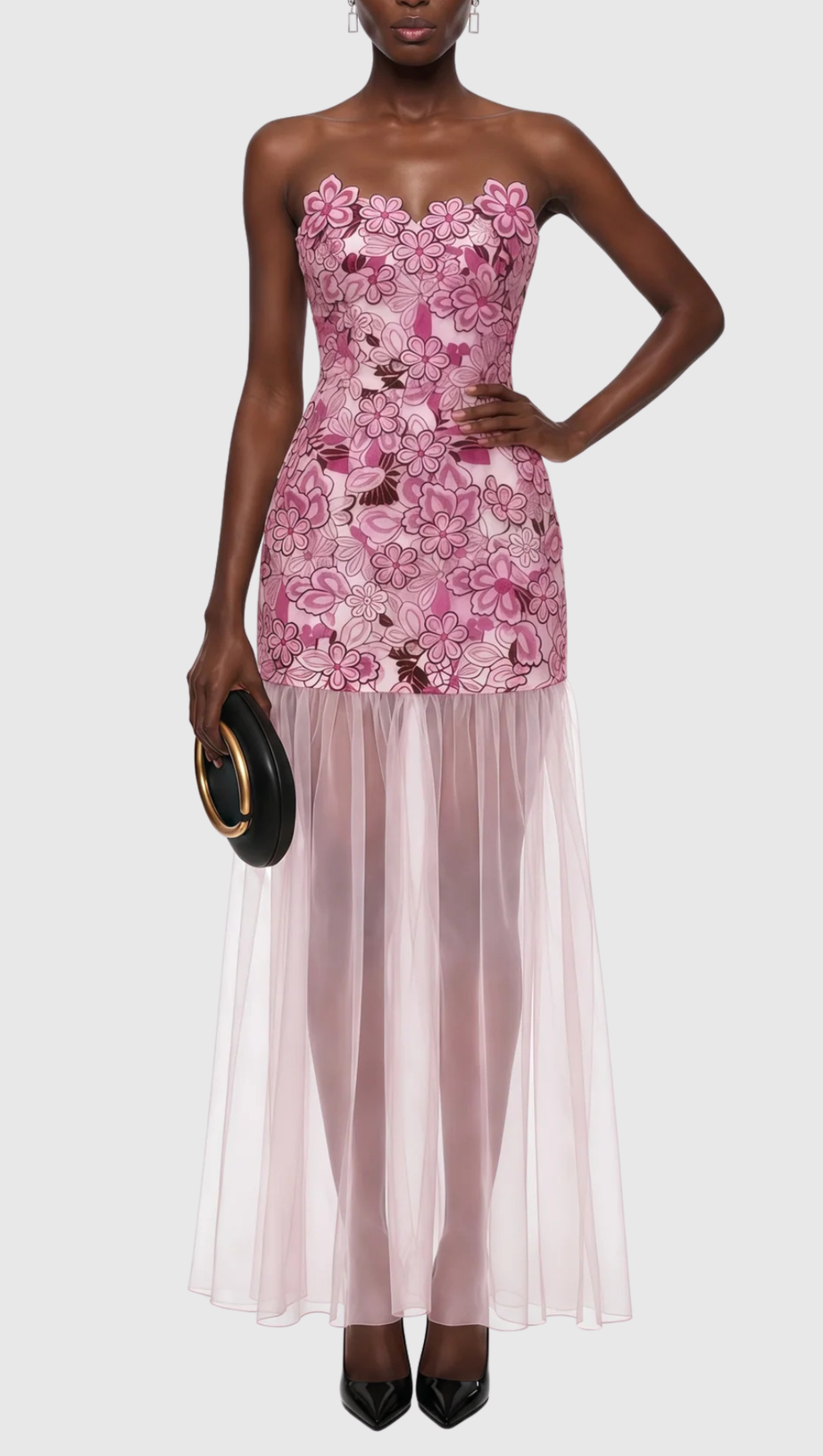 Pansya Floral Embroidery Strapless Maxi Dress - Pink