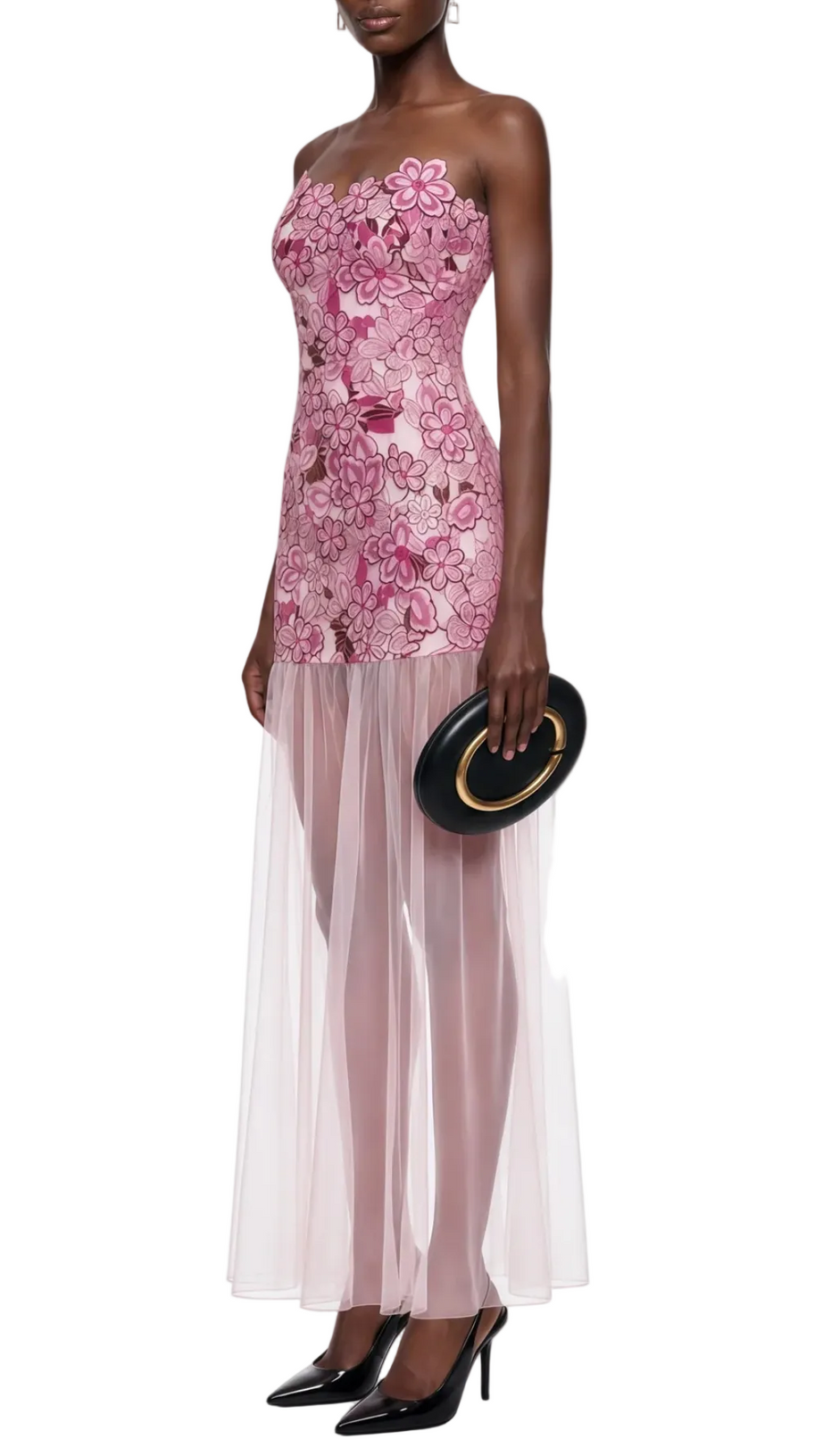 Pansya Floral Embroidery Strapless Maxi Dress - Pink