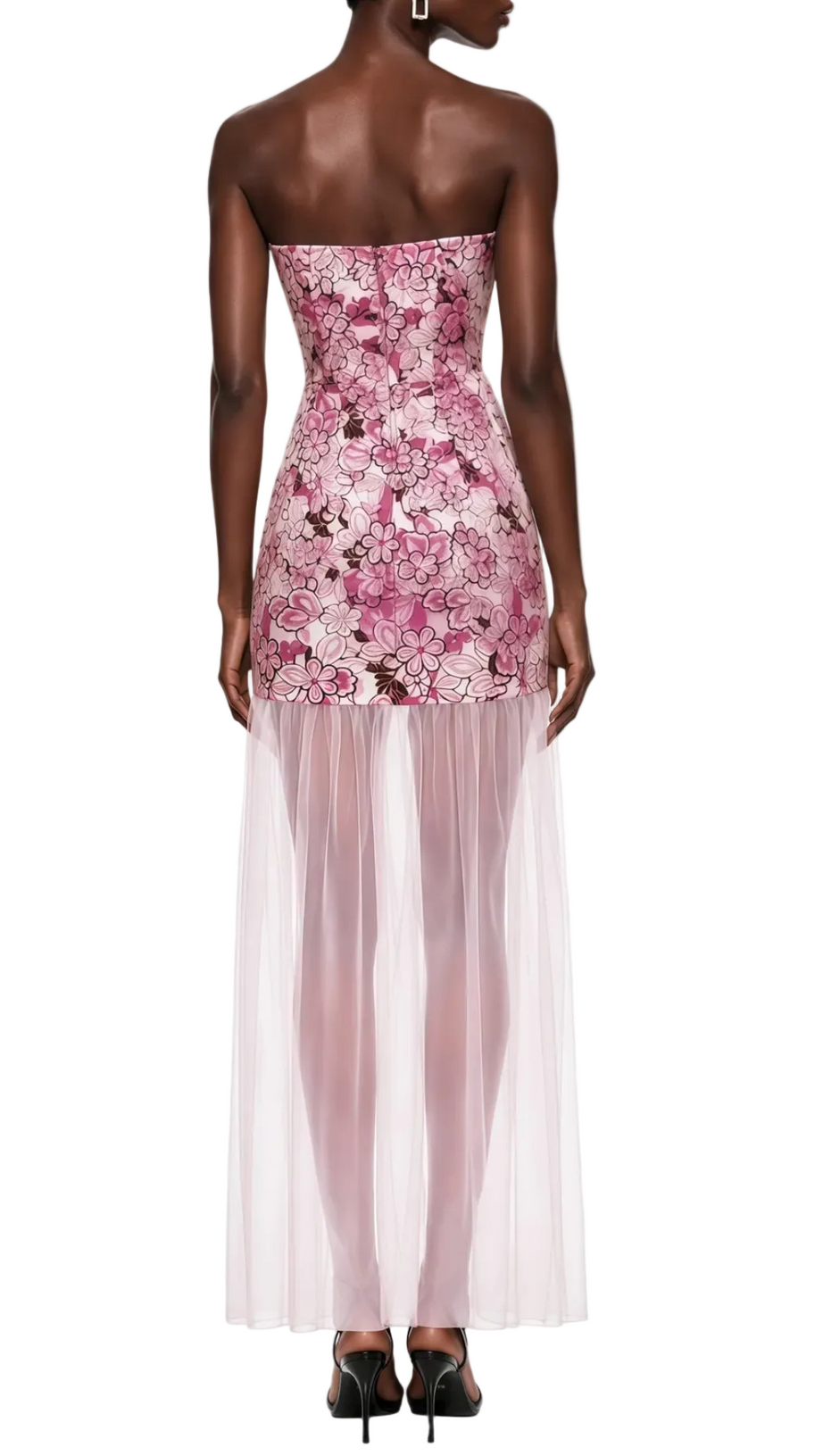 Pansya Floral Embroidery Strapless Maxi Dress - Pink