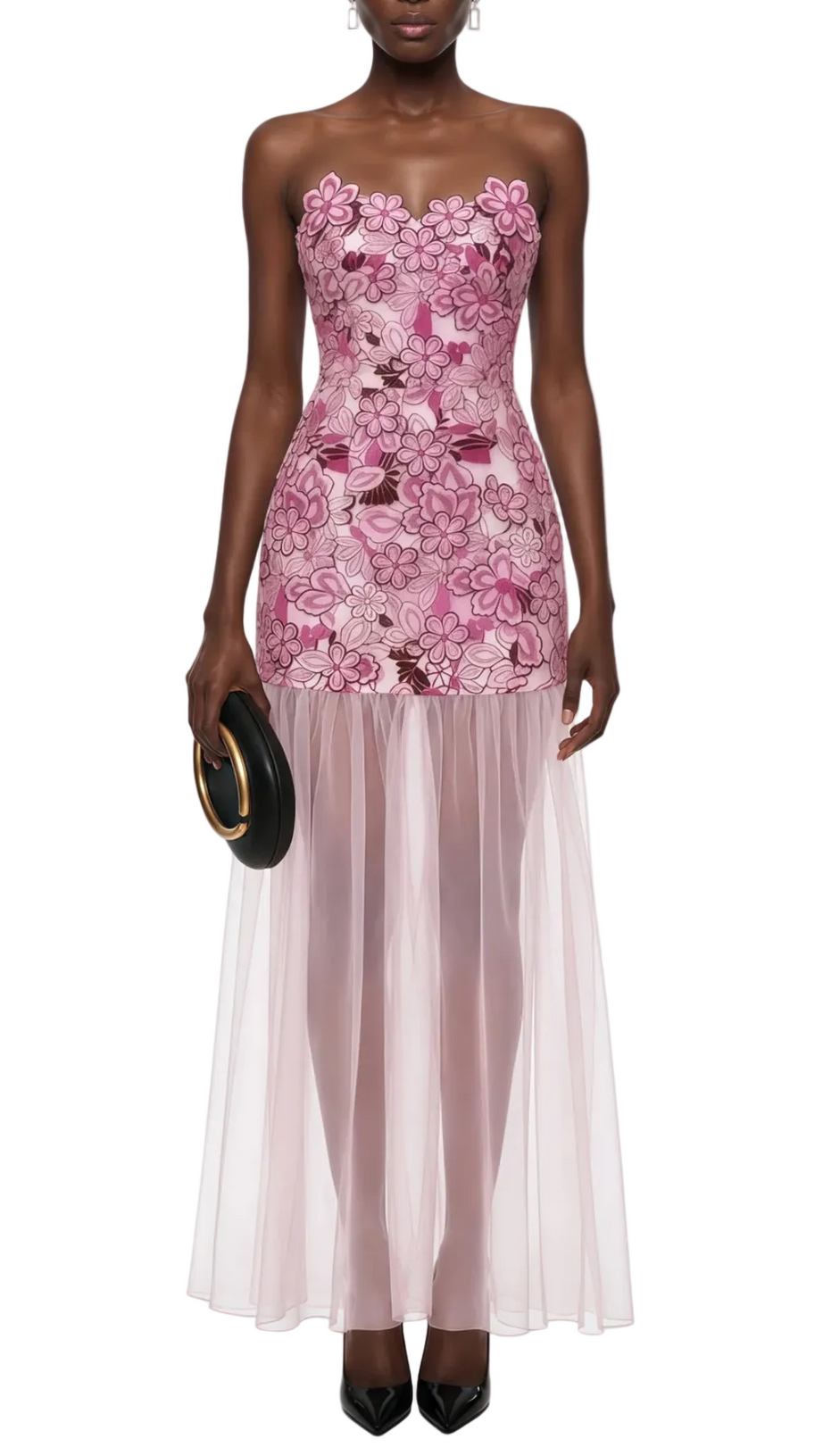 Pansya Floral Embroidery Strapless Maxi Dress - Pink