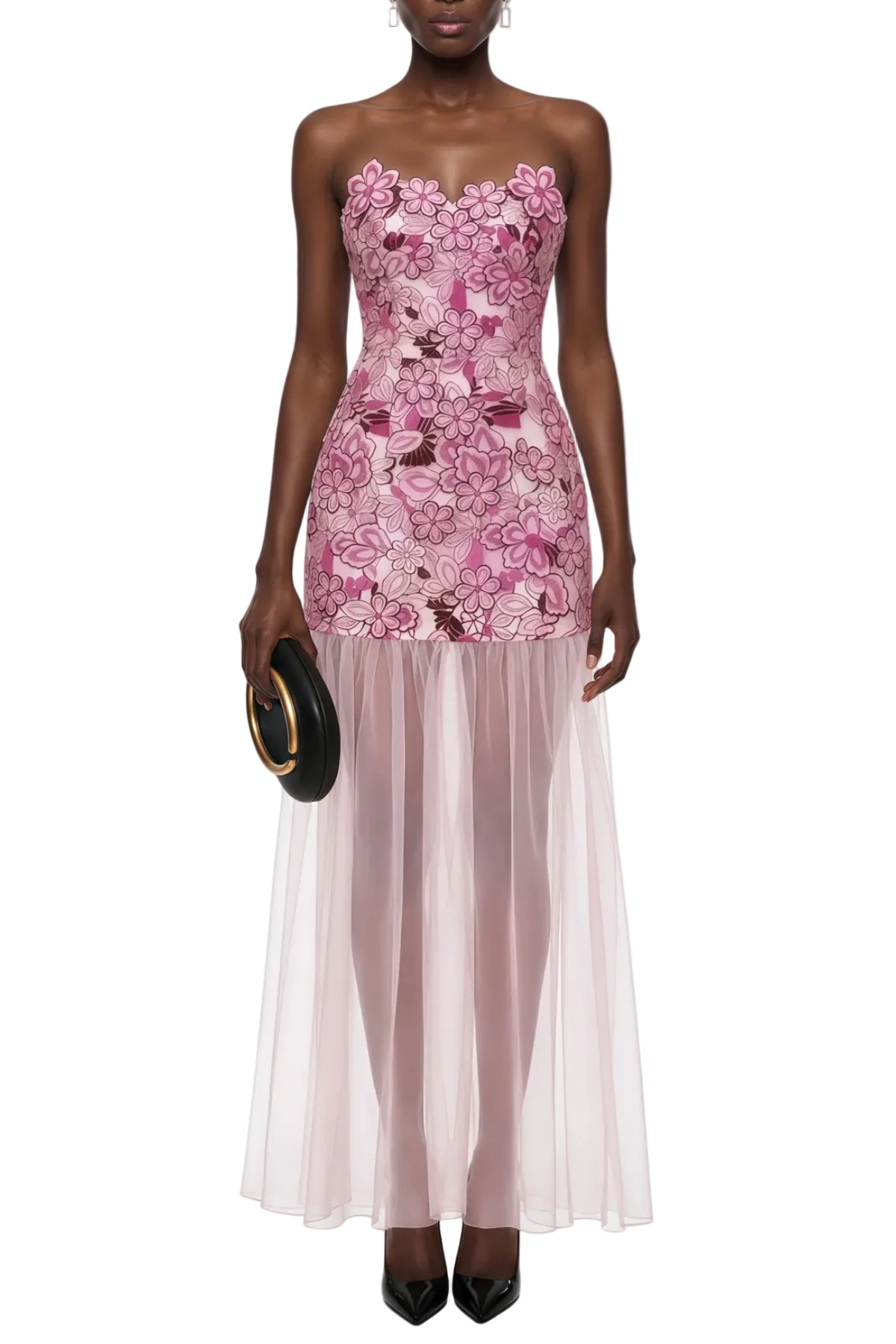 Pansya Floral Embroidery Strapless Maxi Dress - Pink