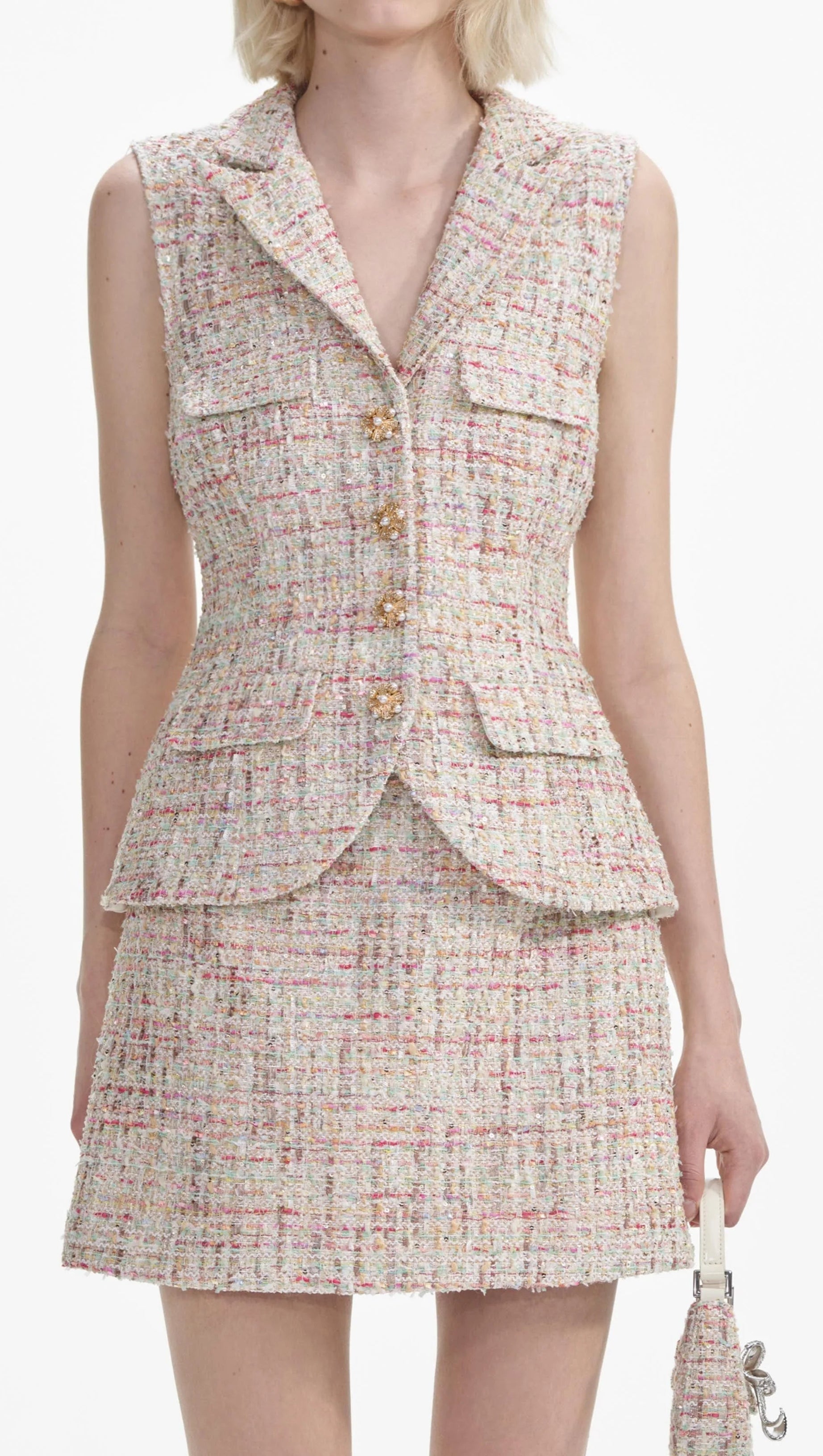PASTEL BOUCLE TAILORED MINI DRESS