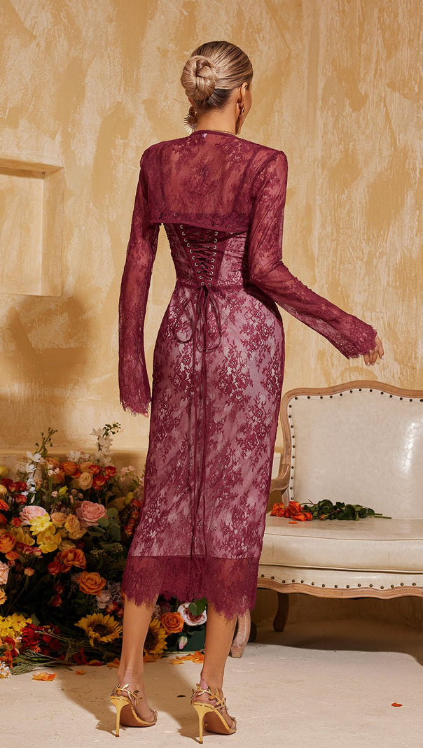 AIIZIE PEPITA SPAGHETTI LACE MIDI DRESS WITH SHRUG - product image
