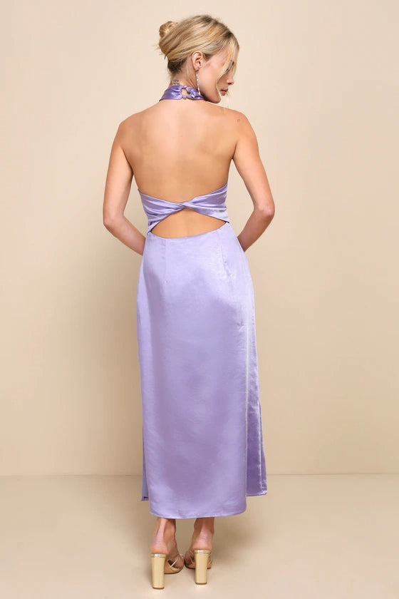 AIIZIE PERFECTLY SLEEK LAVENDER SATIN HALTER SLIP MIDI DRESS - product image