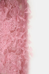 PINK BEADED LACE PENCIL MIDI DRESS