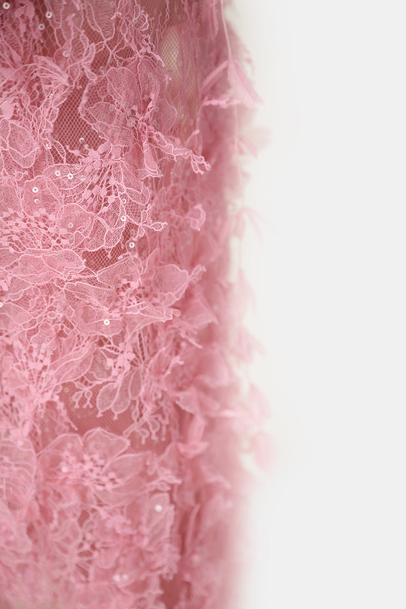 PINK BEADED LACE PENCIL MIDI DRESS