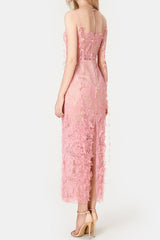 PINK BEADED LACE PENCIL MIDI DRESS