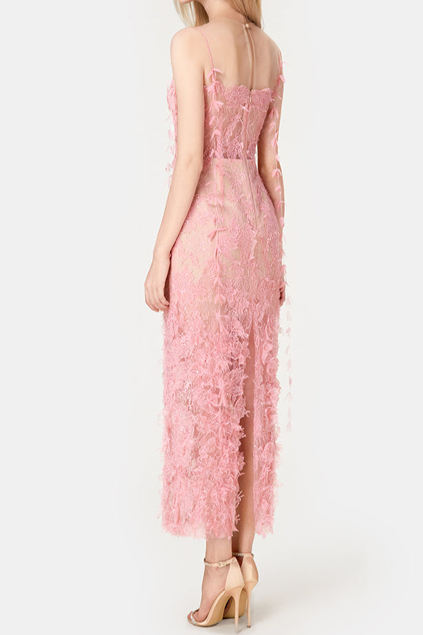 PINK BEADED LACE PENCIL MIDI DRESS