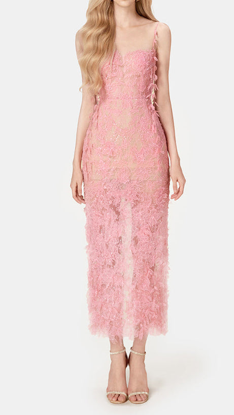 PINKES MIDIKLEID AUS SPITZE MIT PERLEN