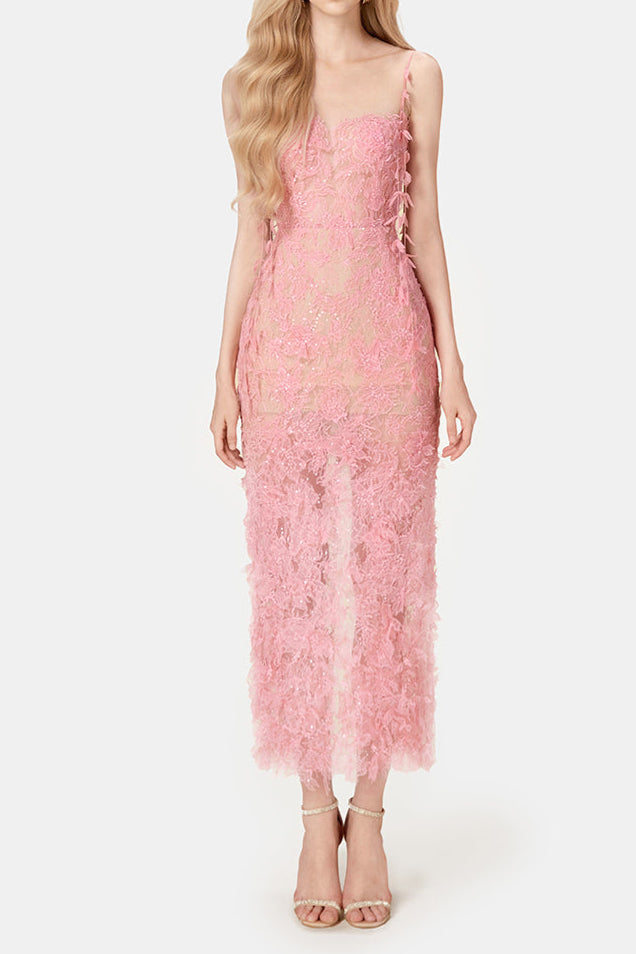 PINK BEADED LACE PENCIL MIDI DRESS