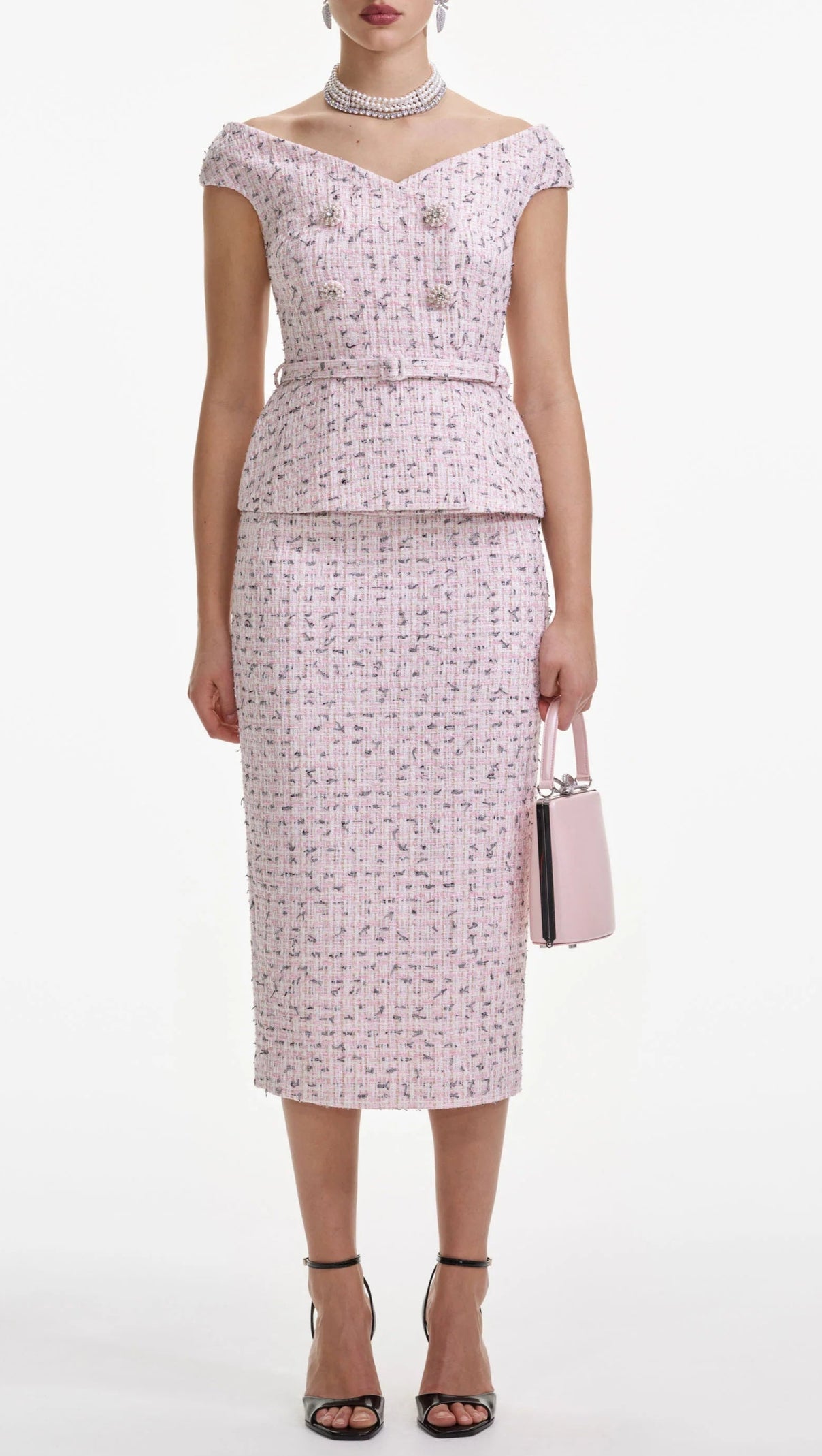 AIIZIE PINK BOUCLE PEARL MIDI DRESS - product image