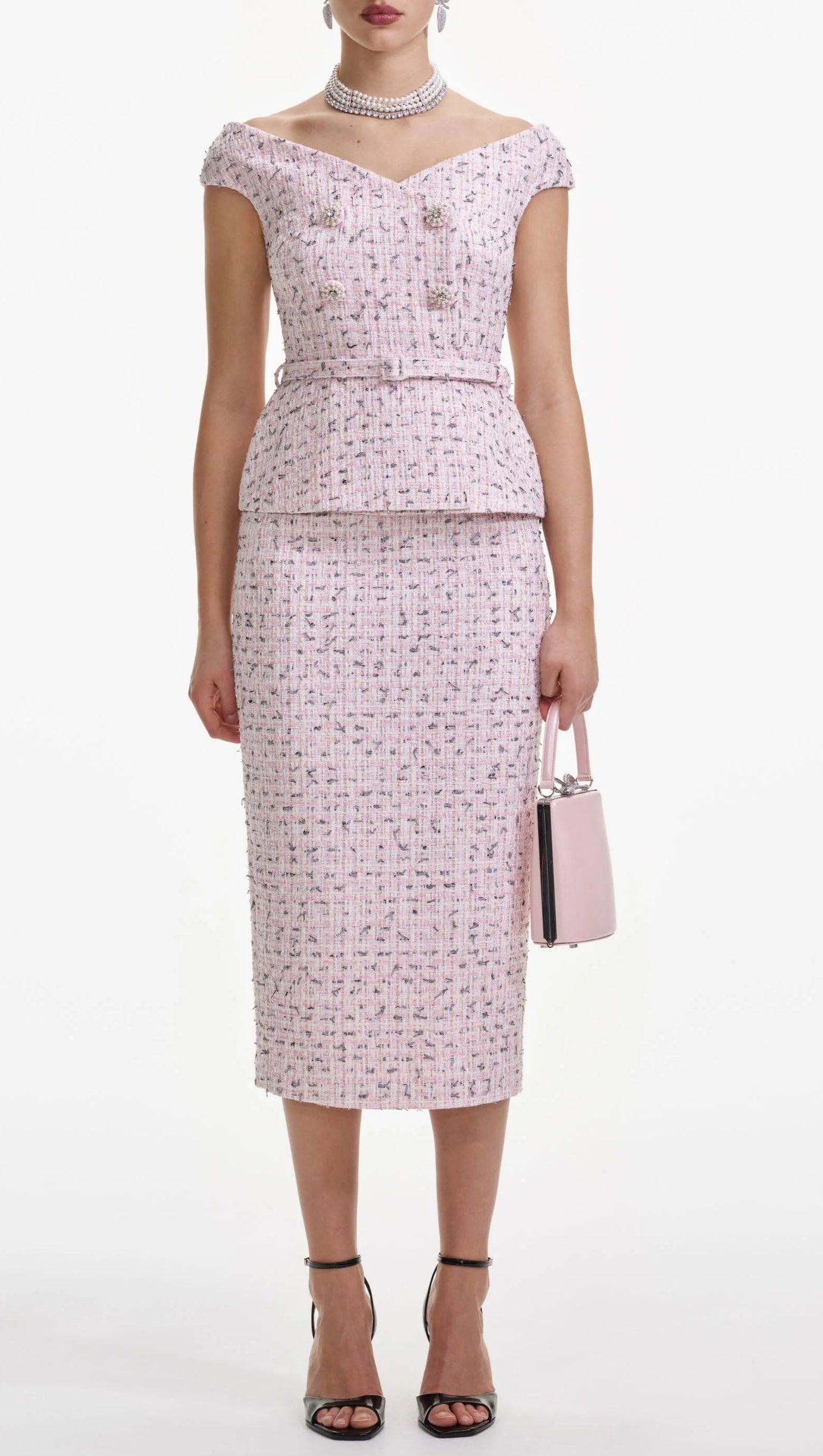 PINK BOUCLE PEARL MIDI DRESS