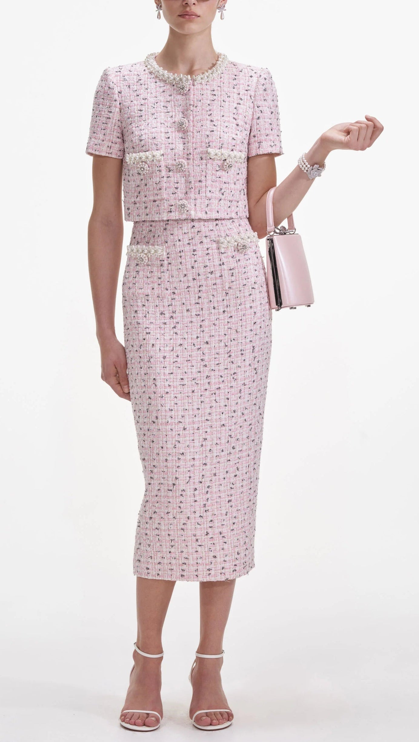 PINK BOUCLE PEARL TOP