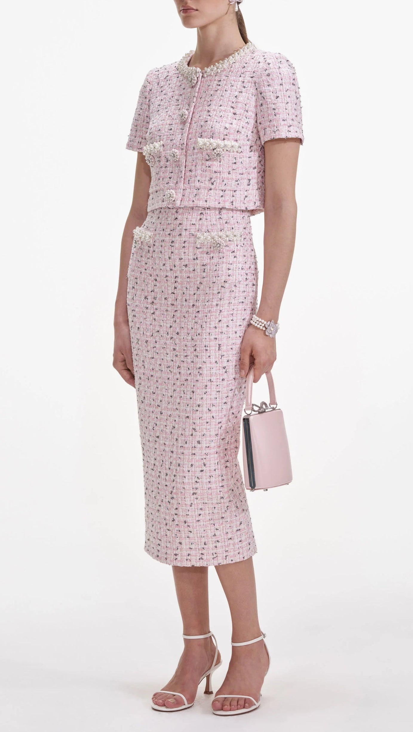 PINK BOUCLE PEARL MIDI SKIRT