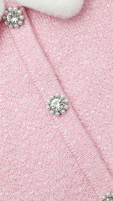 CARDIGAN ROSA CON COLLO IN PELLICCIA SINTETICA 