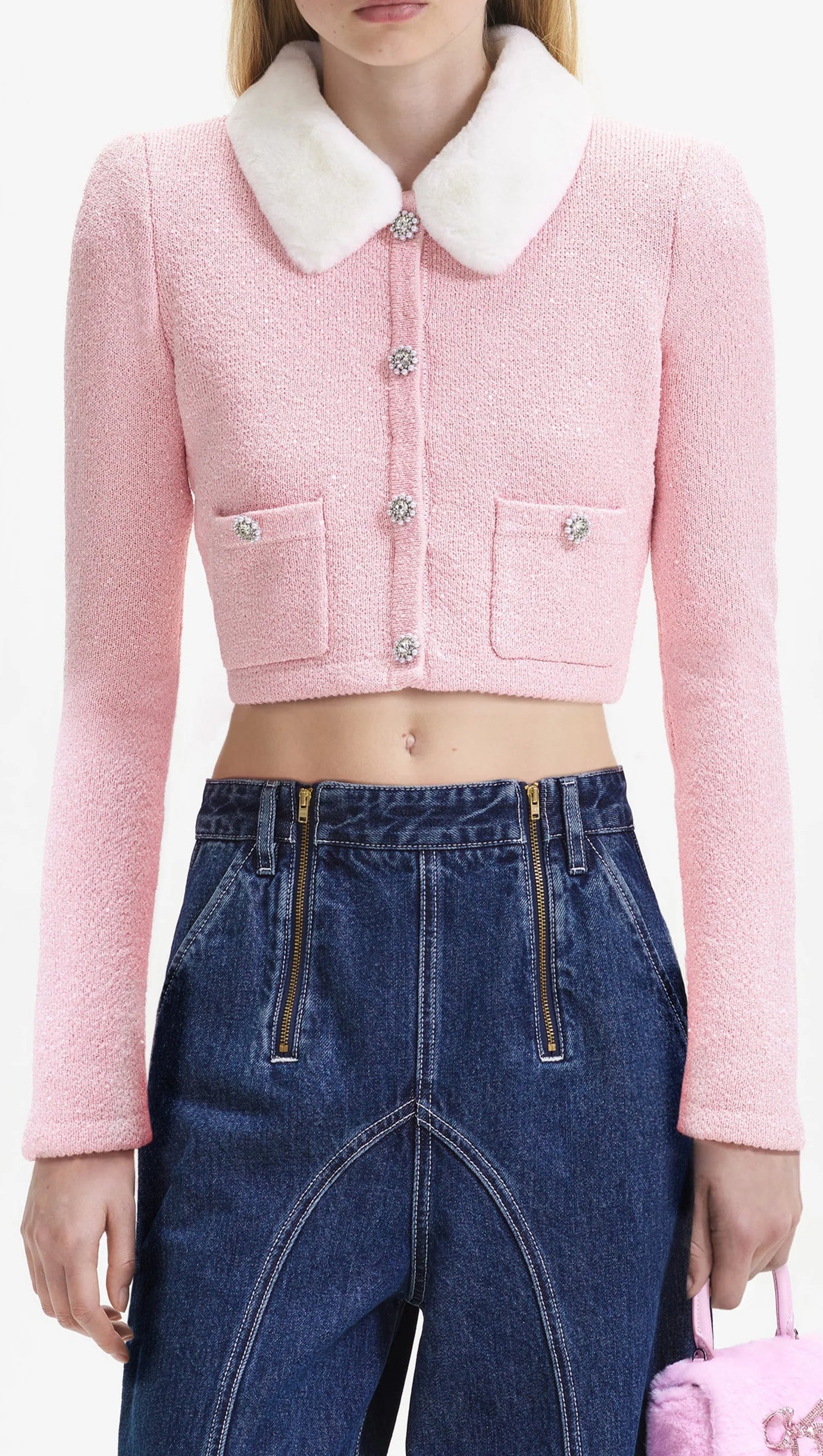 CARDIGAN ROSA CON COLLO IN PELLICCIA SINTETICA 