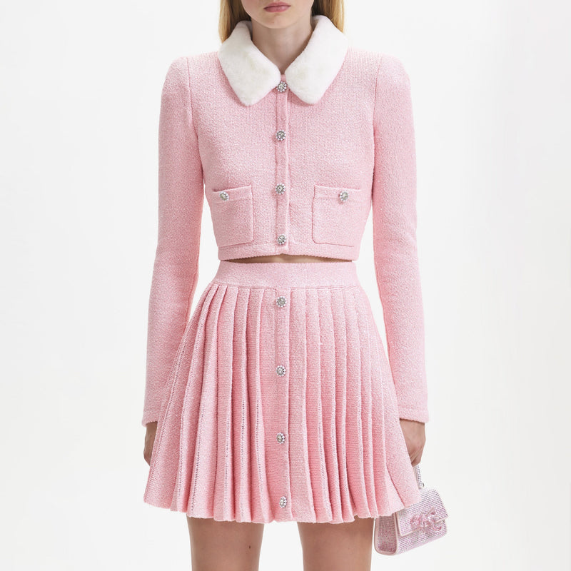 PINK PLEATED KNIT MINI SKIRT