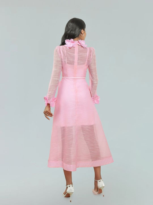 VICKY FLOWER EMBELLISHED LACE MIDI DRESS IN PINK