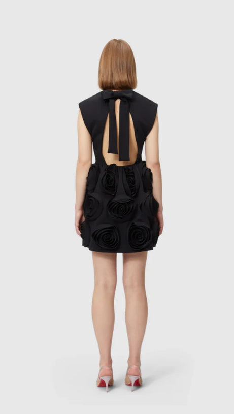 XAVIERA ROSE APPLIQUE MINI DRESS IN BLACK