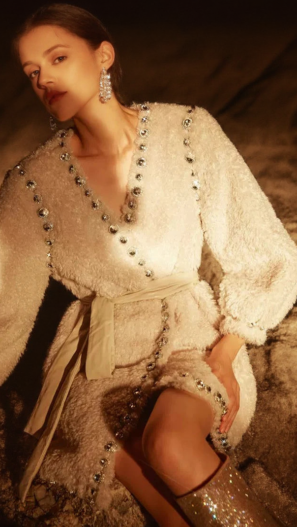 AIIZIE BEIGE V-NECK LONG SLEEVE DIAMOND STUD COAT - product image