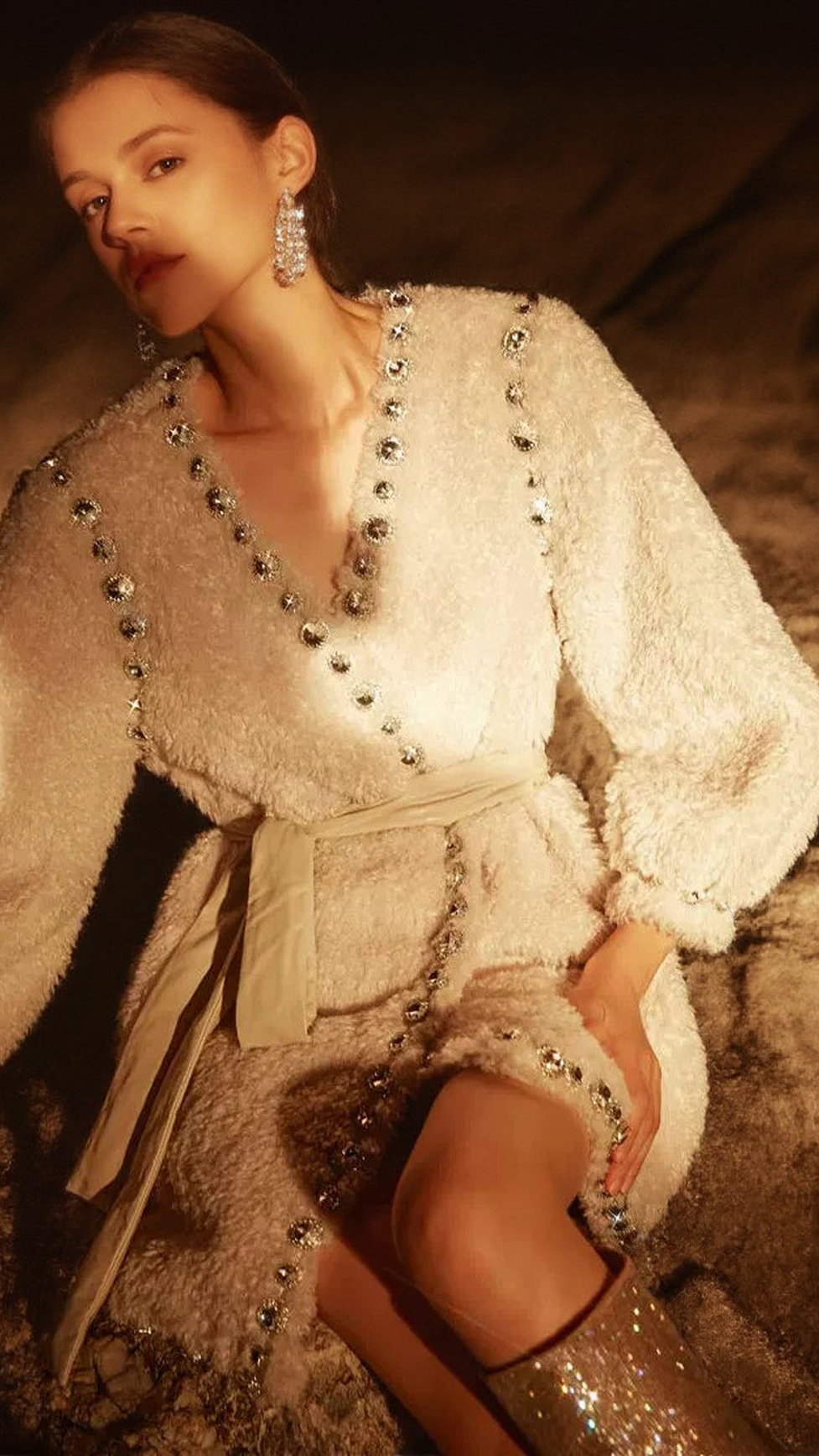 AIIZIE BEIGE V-NECK LONG SLEEVE DIAMOND STUD COAT - product image