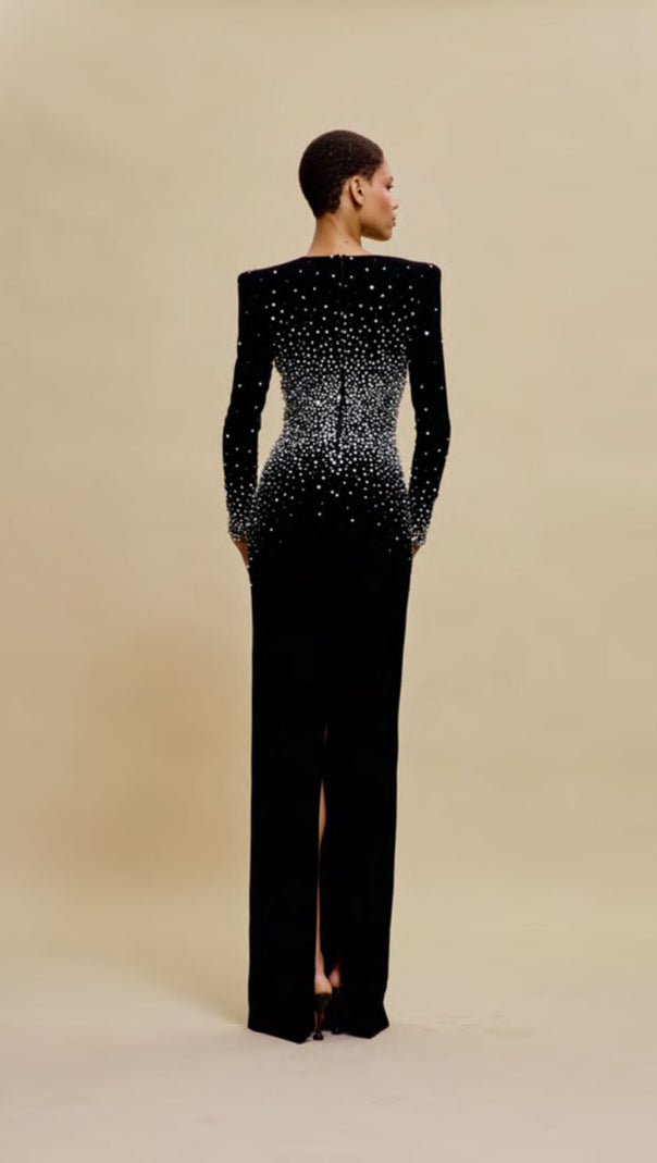 AIIZIE PEARL EMBELLISHED V-NECK MAXI DRESS IN BLACK - product image