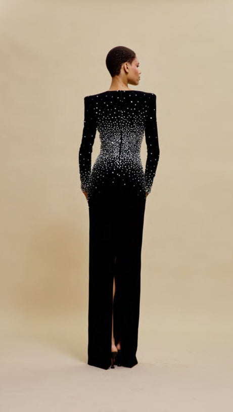 PEARL EMBELLISHED V-NECK MAXI DRESS IN BLACK