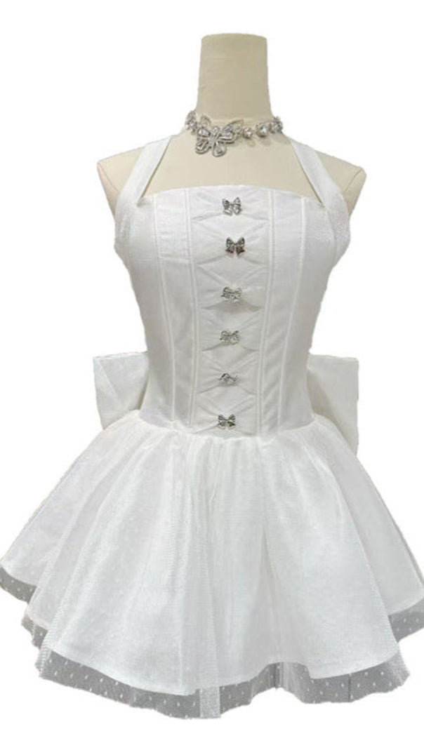 AIIZIE NORA OFF-SHOULDER BACKLESS LACE BOW MINI DRESS IN WHITE - product image