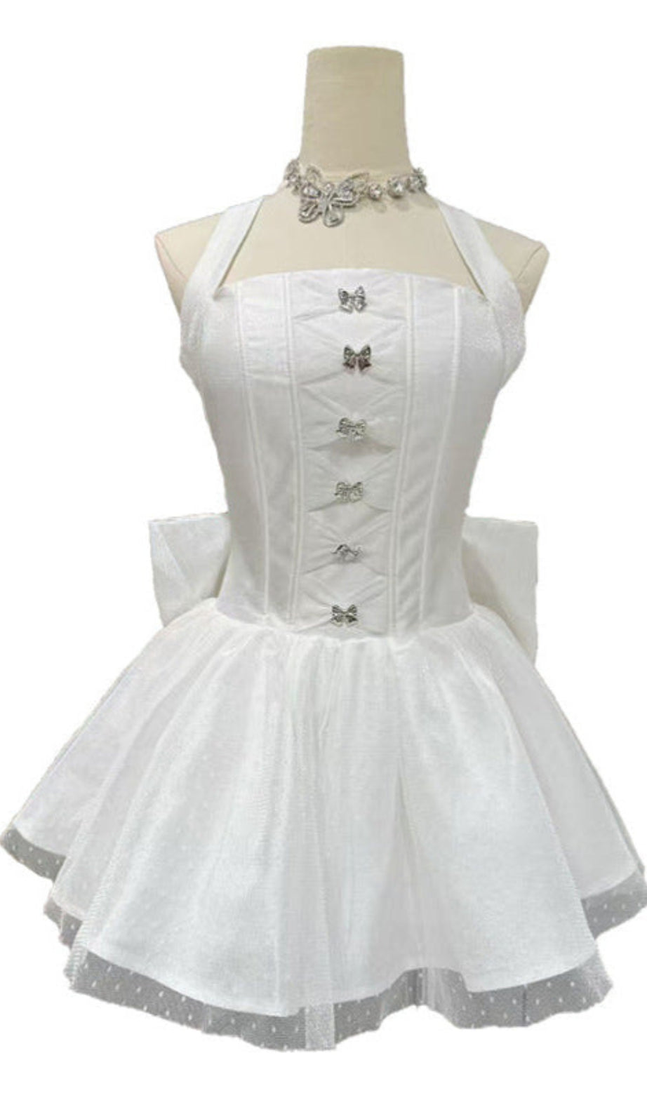 nora off-shoulder Backless lace bow mini dress in white