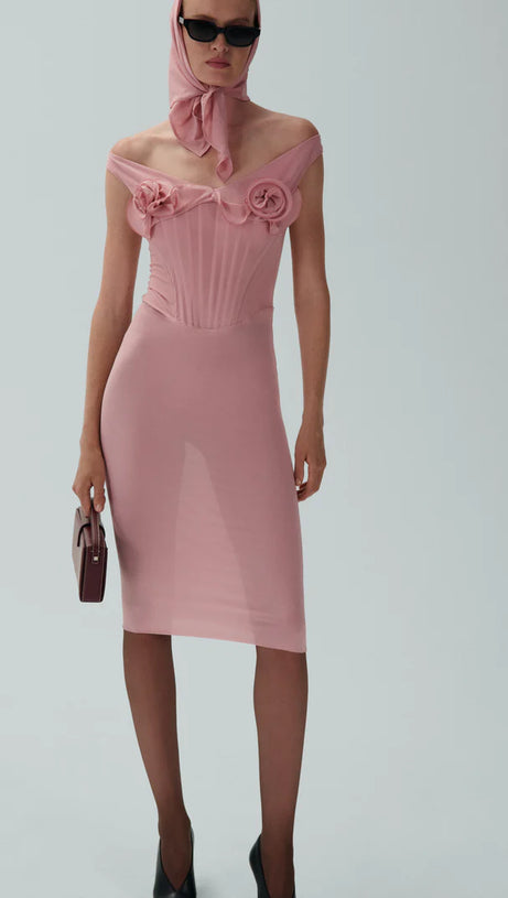 DINELLA FLORAL APPLIQUÉ CORSET MIDI DRESS IN PINK