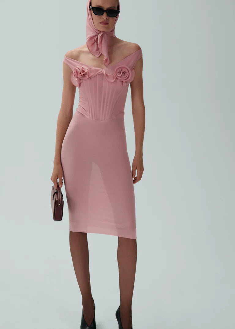 Dinella Floral Appliqué Corset Midi Dress in Pink