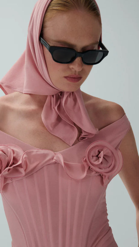 DINELLA FLORAL APPLIQUÉ CORSET MIDI DRESS IN PINK