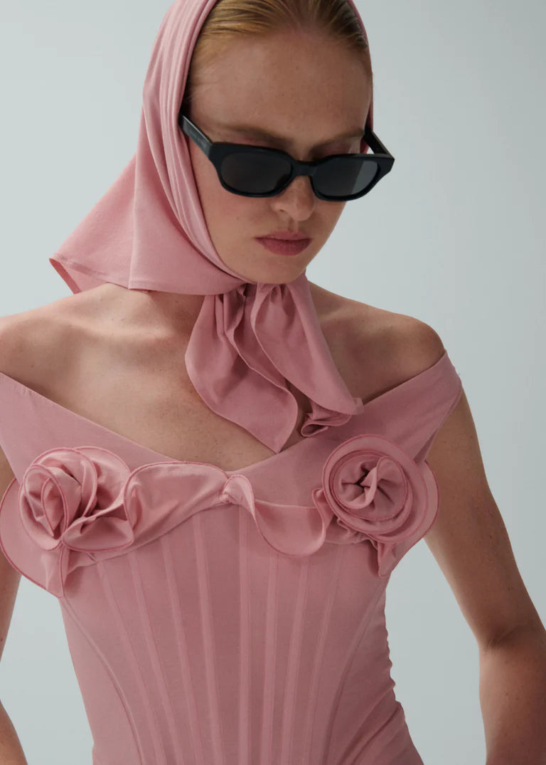 Dinella Floral Appliqué Corset Midi Dress in Pink