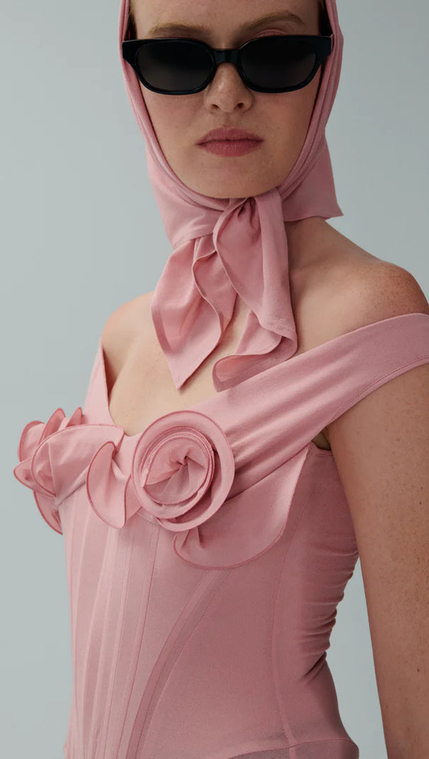 AIIZIE DINELLA FLORAL APPLIQUÉ CORSET MIDI DRESS IN PINK - product image