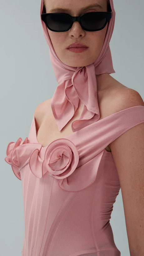 DINELLA FLORAL APPLIQUÉ CORSET MIDI DRESS IN PINK